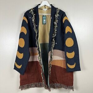 Earthbound Trading Co Women's L Cardigan Multicolor Moon Phase Fringe Tapestry